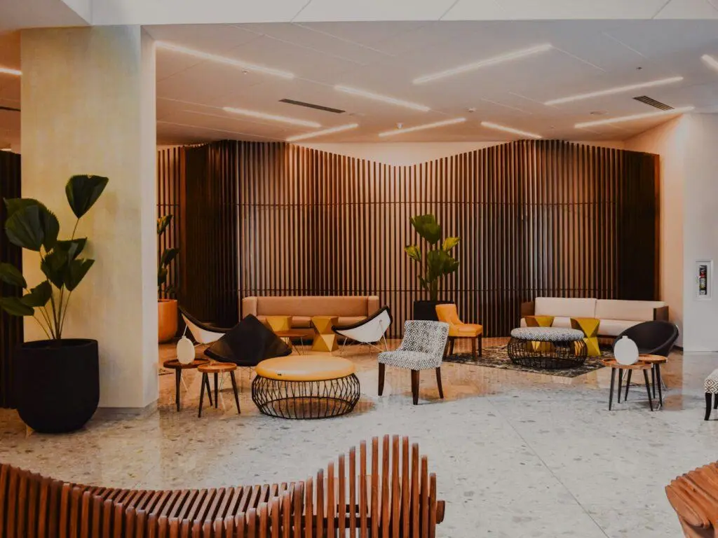 Elegant lounge with sofas and warm evening lighting