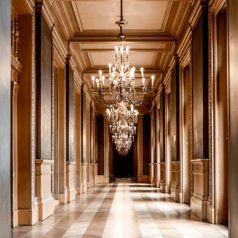 Long marble corridor lined with crystal chandeliers
